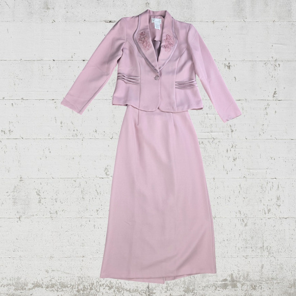 70s Vintage Powder Pink Embellished USA Made Blazer Maxi Skirt Set Size 10 - Picture 1 of 14